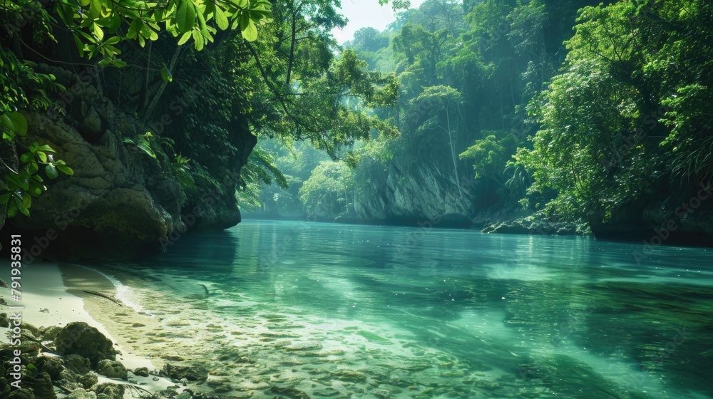 Serene Tropical Bay with Dramatic Cliffs and Lush Greenery Serene Tropical Bay with Dramatic Cliffs and Lush Greenery