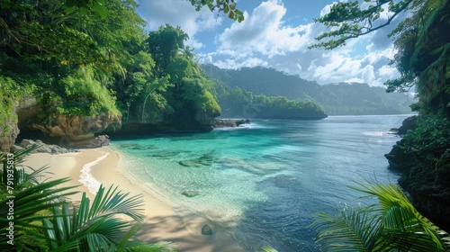 Serene Tropical Bay with Dramatic Cliffs and Lush Greenery