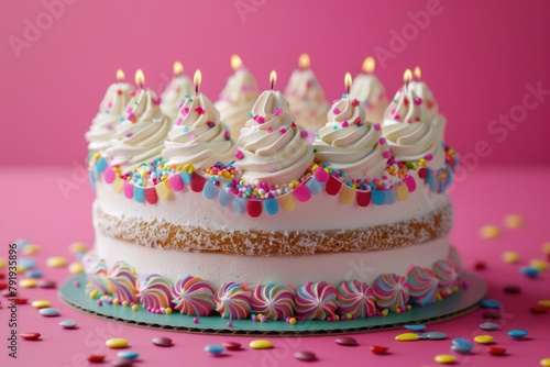 Colorful Birthday Cake with Lit Candles and Sprinkles