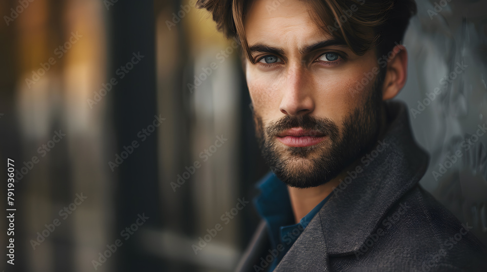Fototapeta premium Portrait of a handsome man with a serious expression and a beard, Generative AI