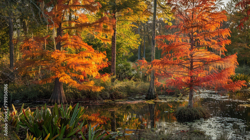 vibrant colors of autumn foliage as Bald Cypress trees display their fiery red and orange hues against a backdrop of lush greenery 