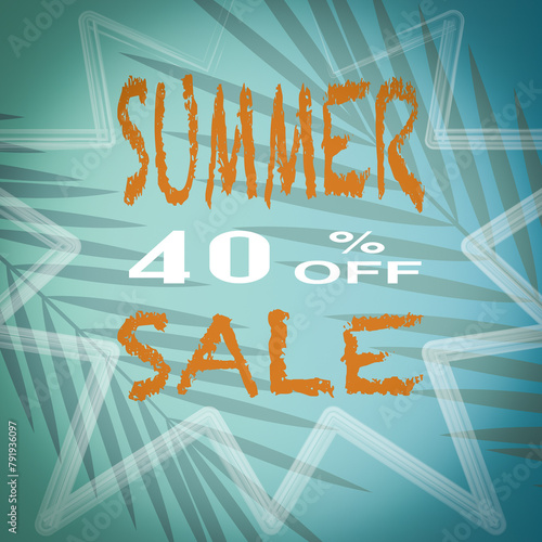 Banner summer sale, With a turquoise background with palm tree leaves.