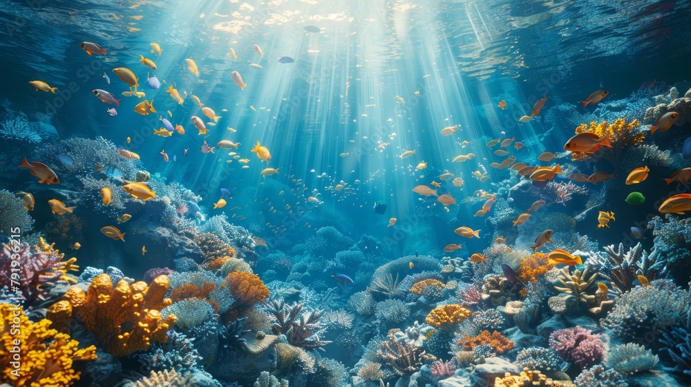 Underwater coral reef with many tropical fish