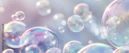 white soap bubbles float in the sky, sparkling, light to dark gradient background. generative AI
