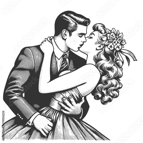 vintage couple in a loving embrace sharing passionate kiss, romance of bygone era sketch engraving generative ai fictional character vector illustration. Scratch board imitation. Black and white image