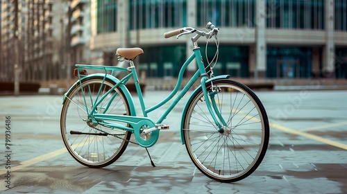 Turquoise bicycle parked in the parking lot of office buildings