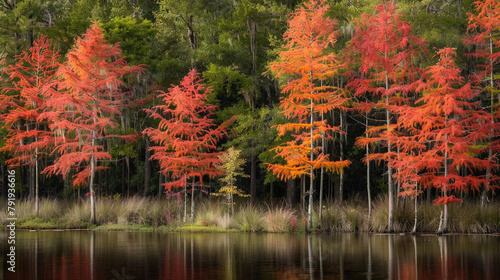 vibrant colors of autumn foliage as Bald Cypress trees display their fiery red and orange hues against a backdrop of lush greenery,