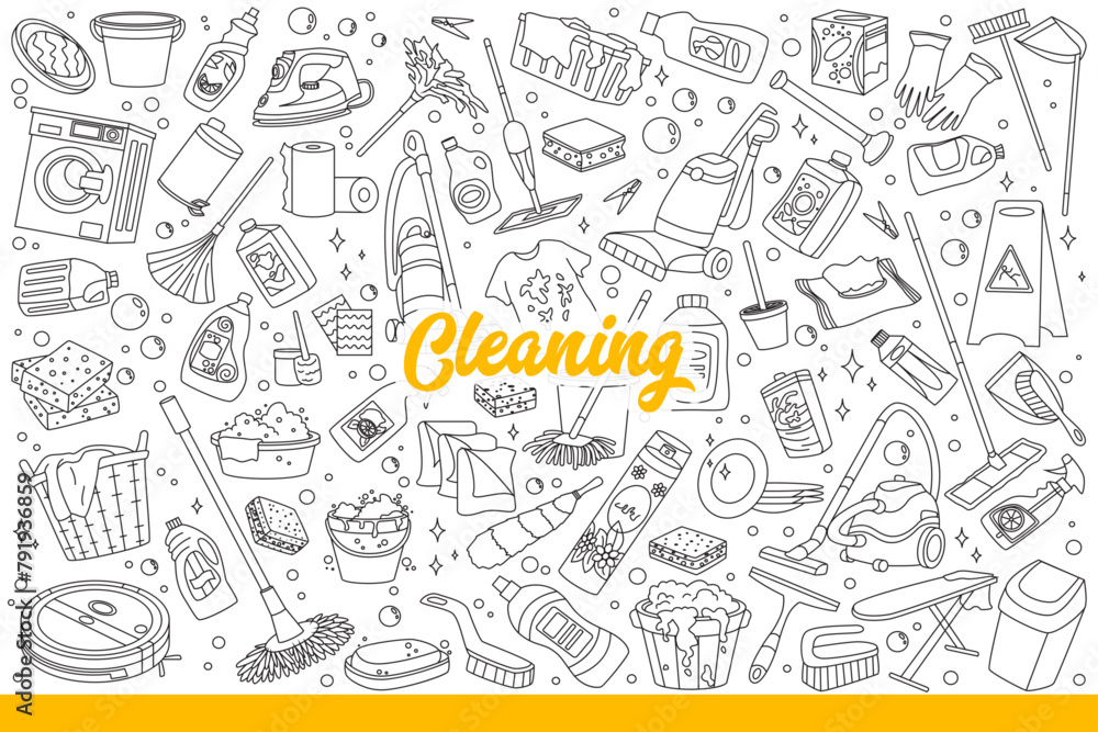 Apartment cleaning equipment and chemicals for washing or stain removal. Brushes and mops near robot vacuum cleaner for maid or housewife doing cleaning in house or hotel room. Hand drawn doodle