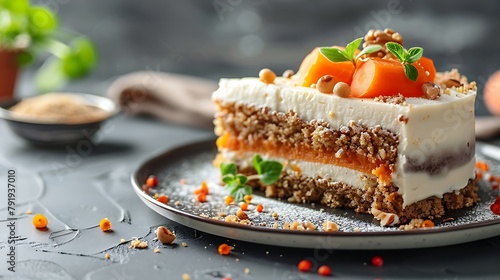 Vegan raw carrot cake healthy food grey stone background