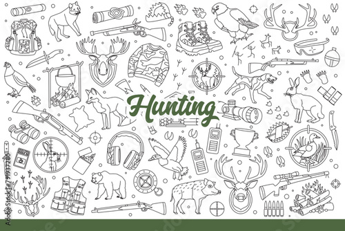 Hunting accessories and wild animals near guns for professional hunters. Set of equipment and clothing for trip to forest for sport hunting for predatory beasts and birds. Hand drawn doodle