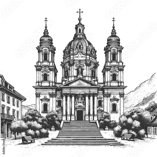 grand Baroque church facade with majestic stairs and urban surroundings sketch engraving generative ai vector illustration. Scratch board imitation. Black and white image.