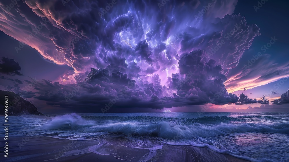 A stormy sea at night with lightning and crashing waves.