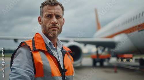 A man in an orange vest stands in front of an airplane photo
