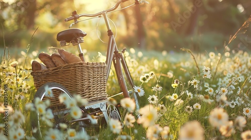 Vintage style bike with a wicker basket containing flowers bread