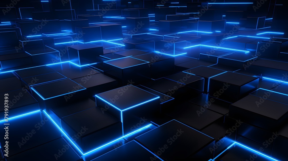 3d rendering of blue and black abstract geometric background. Scene for advertising, technology, showcase, banner, game, sport, cosmetic, business, metaverse. Sci-Fi Illustration. Product display 3d rendering of blue and black abstract geometric background. Scene for advertising, technology, showcase, banner, game, sport, cosmetic, business, metaverse. Sci-Fi Illustration. Product display