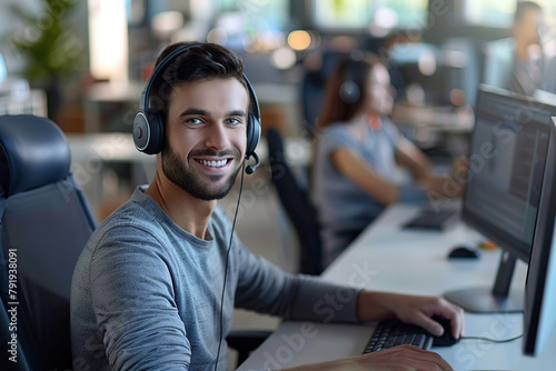 Young man receptionist with headset working in a call centre