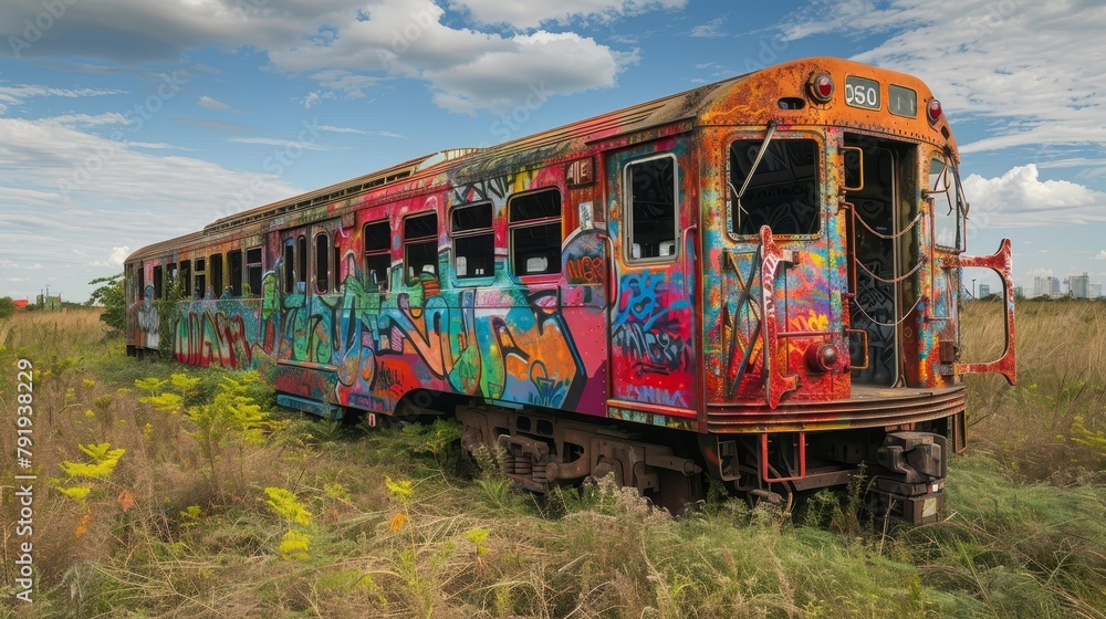 A graffiti-covered subway train sits abandoned in a field.