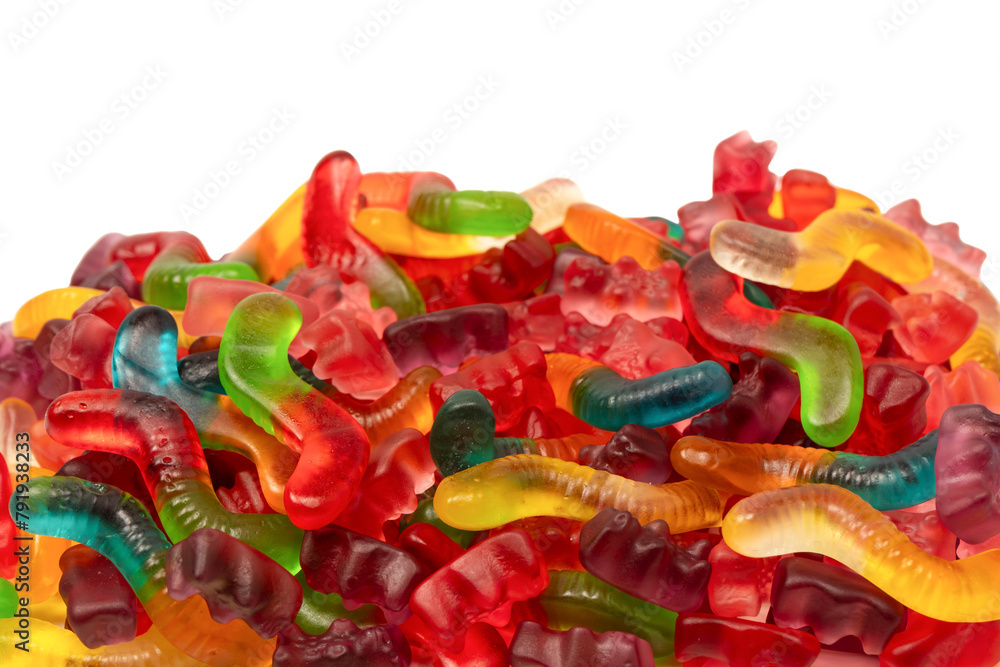 Assorted colorful gummy candies isolated on a white background.