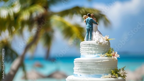 Wedding cake with figurines of groom carrying bride on a destination wedding on a tropical beach paradise photo