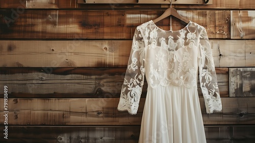 wedding dress for bride and blouse hanging on the wood wall