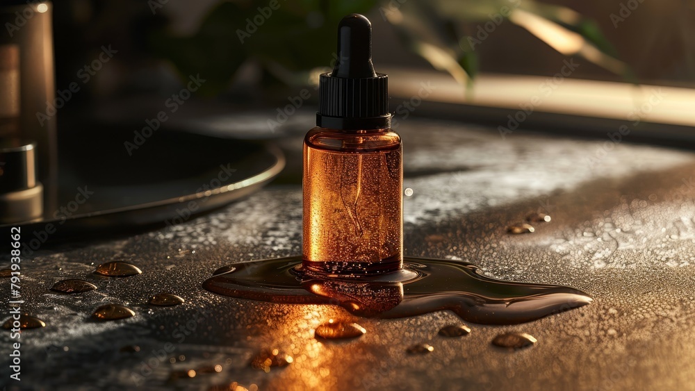 Close-up of a dropper bottle with a black lid on a reflective surface with water droplets. The bottle is labeled with a black label. Close-up of a dropper bottle with a black lid on a reflective surface with water droplets. The bottle is labeled with a black label.