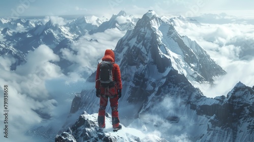 A mountain climber in red protective suit stands on the summit of a snow-capped mountain and looks at the view.