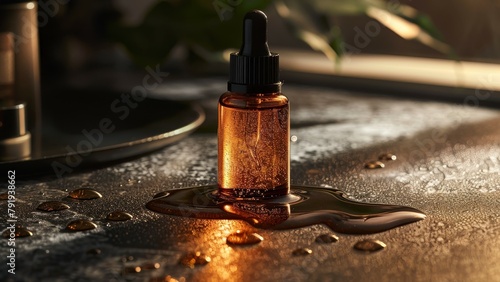 Close-up of a dropper bottle with a black lid on a reflective surface with water droplets. The bottle is labeled with a black label. photo