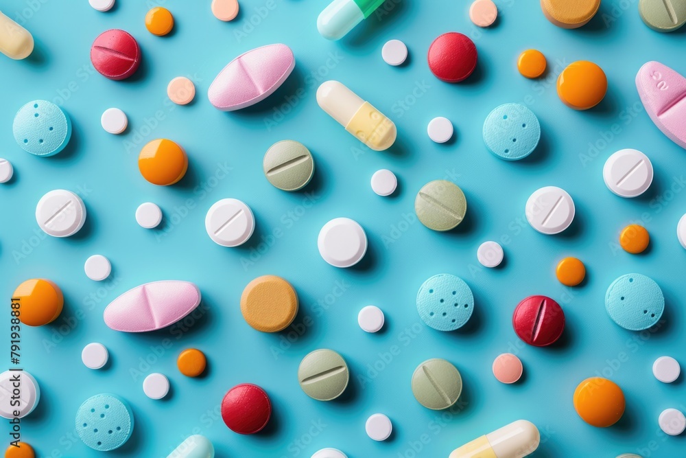 Variety of Medication Pills on a Bright Blue Background Variety of Medication Pills on a Bright Blue Background