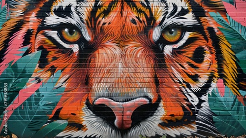 A mural of a tiger face with green and pink leaves on either side.