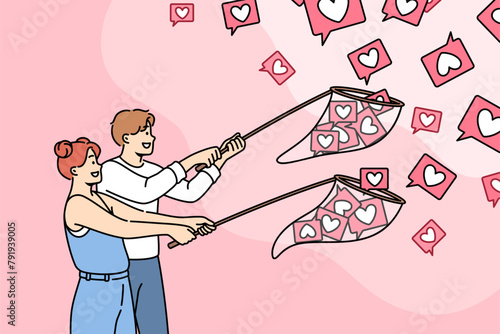 Bloggers catch likes from subscribers using butterfly nets, wanting to be popular and recognizable on internet. Bloggers are trying to collect more reactions from visitors to social networks