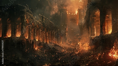 Ruins of a castle on fire