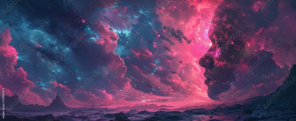 A beautiful landscape of a distant planet with a pink nebula and a silhouette of a giant's face in the sky.