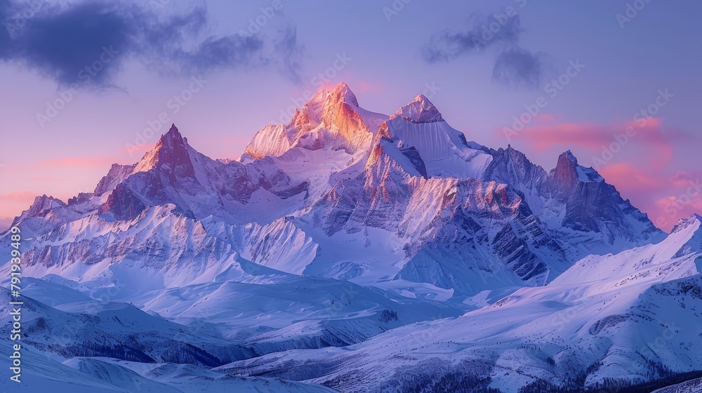 A beautiful landscape of snow-capped mountains at sunset.