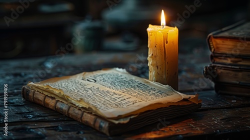 A single candle burning next to an open book.