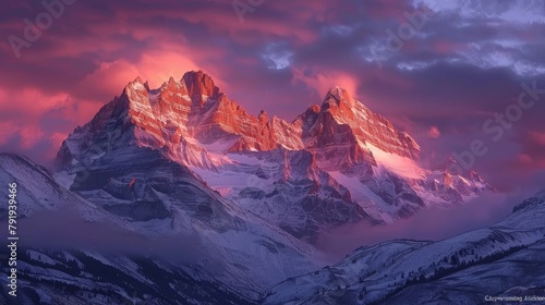 A beautiful landscape of snow-capped mountains at sunset with a vibrant pink sky.