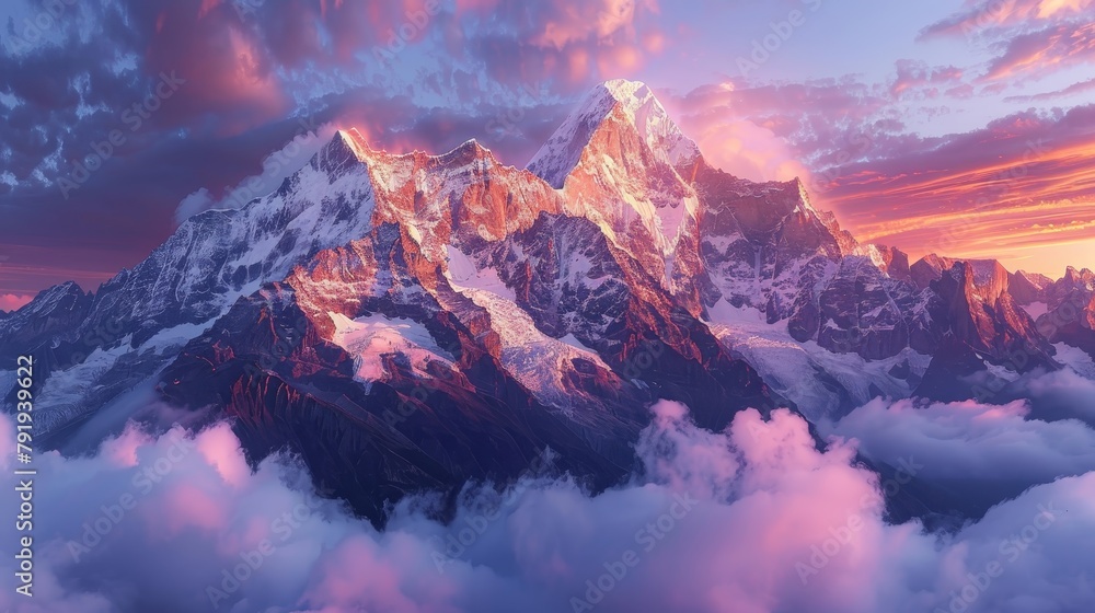 A beautiful landscape of snow capped mountains at sunset with clouds in the foreground.