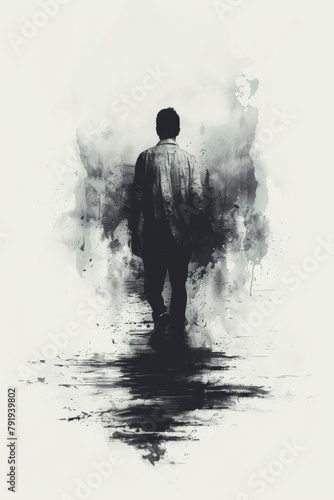 A man walking down a path with smoke coming out of his shoes, AI