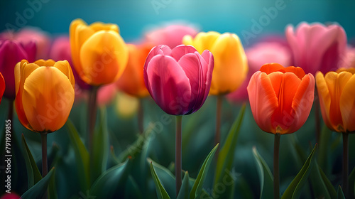 A sweeping view of a tulip field in the Netherlands  with rows of different colors captured vividly under a clear spring sky