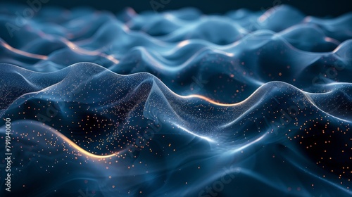 Blue and orange glowing particles form into a wavy surface © Sodapeaw