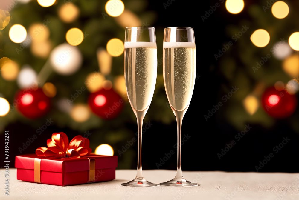 two glasses of champagne with golden gift box, holiday, warm bokeh atmosphere two glasses of champagne with golden gift box, holiday, warm bokeh atmosphere