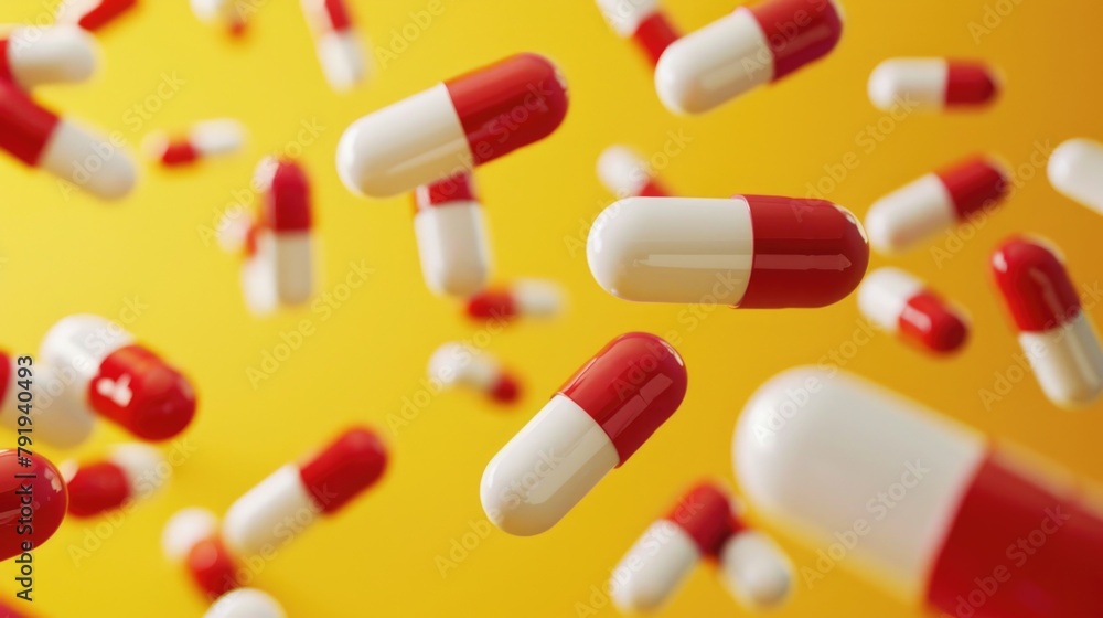 Medication Concept: Red and White Pills in Mid-Air on a Yellow Background Medication Concept: Red and White Pills in Mid-Air on a Yellow Background