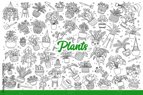 Houseplants and flowers in pots or cache-pots to decorate apartment. Set of blooming houseplants from florist shop with petals of different shapes to give interior eco style. Hand drawn doodle