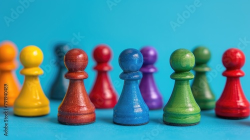 Colorful Chess Pawns on Blue Background