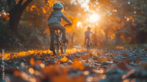 Two kids riding bikes through a fall forest.