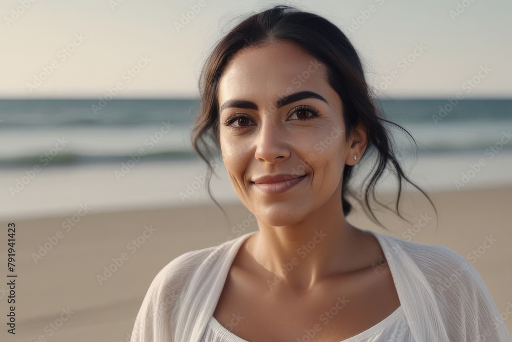 Portrait. Beautiful sexy brunette woman 35 years old on a tropical beach. Portrait of a happy young woman smiling at the camera.
