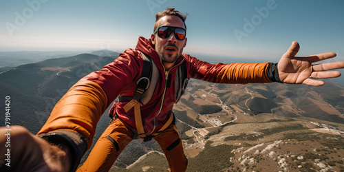 Witness the thrill of adventure as a man clad in orange leaps over a cliff with a backpack, embodying the essence of excitement and daring exploration. photo