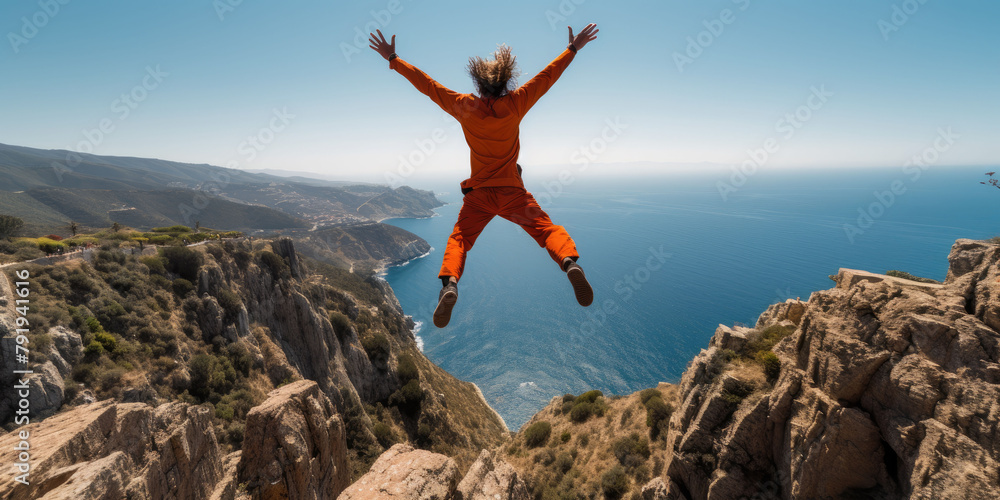 Witness the thrill of adventure as a man clad in orange leaps over a cliff with a backpack, embodying the essence of excitement and daring exploration.