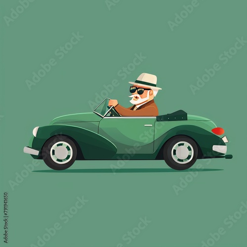 Flat cartoon grandfather with glasses and hat drives a fashionable green convertible 