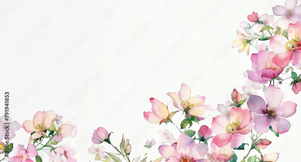 Watercolor flowers corner arrangement on white background. Delicate floral design with copy space. Wedding invitation and spring concept for card, banner, and wallpaper design