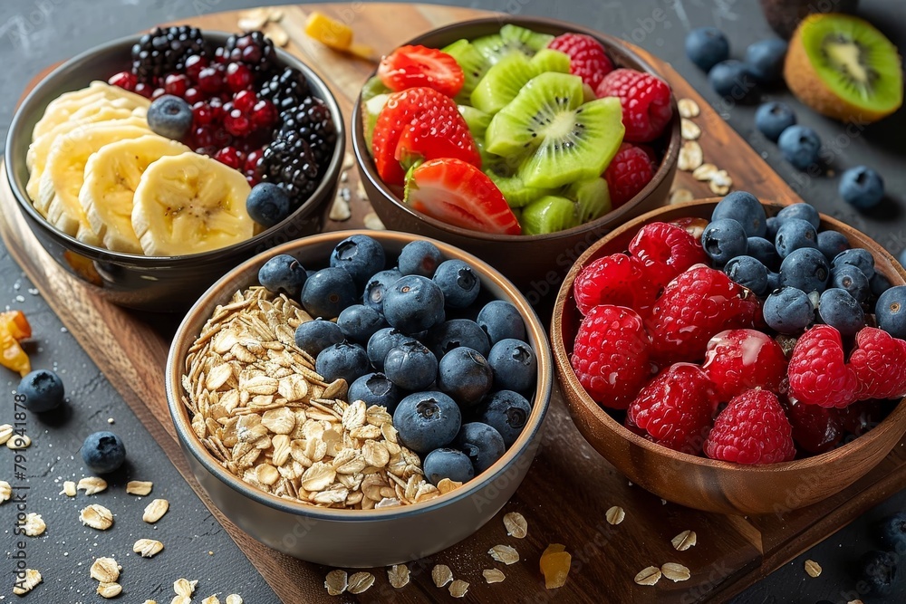 Bowls filled with nutritious foods like oats, berries, and bananas showcasing a healthy and balanced breakfast option Bowls filled with nutritious foods like oats, berries, and bananas showcasing a healthy and balanced breakfast option